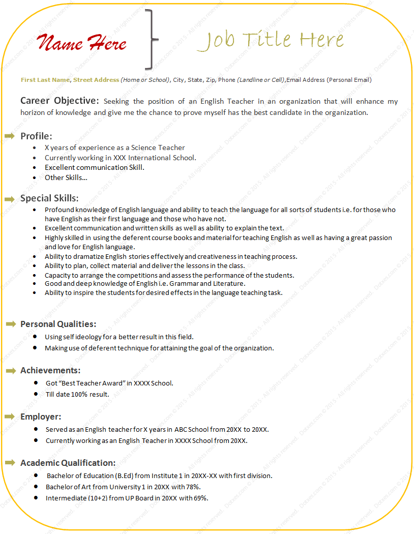 Free Sample Resume Format for Teacher