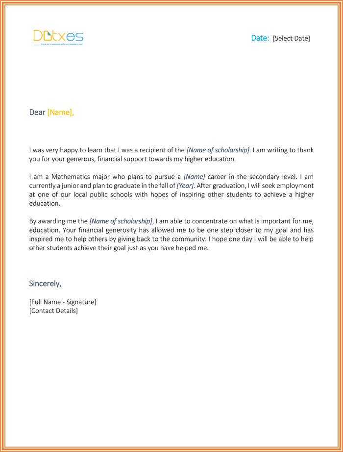 Scholarship Thank You Letter for High School