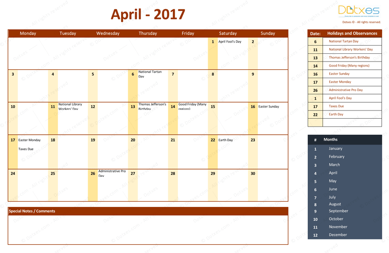 April 2017 Calendar with Holidays