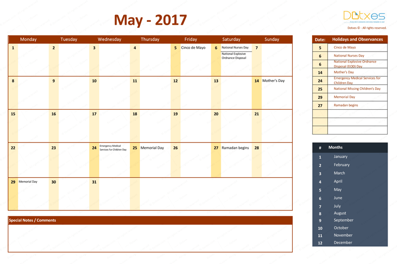 May 2017 Calendar with Holidays