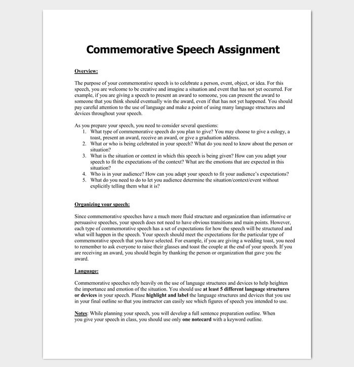 Commemorative Speech Outline Example