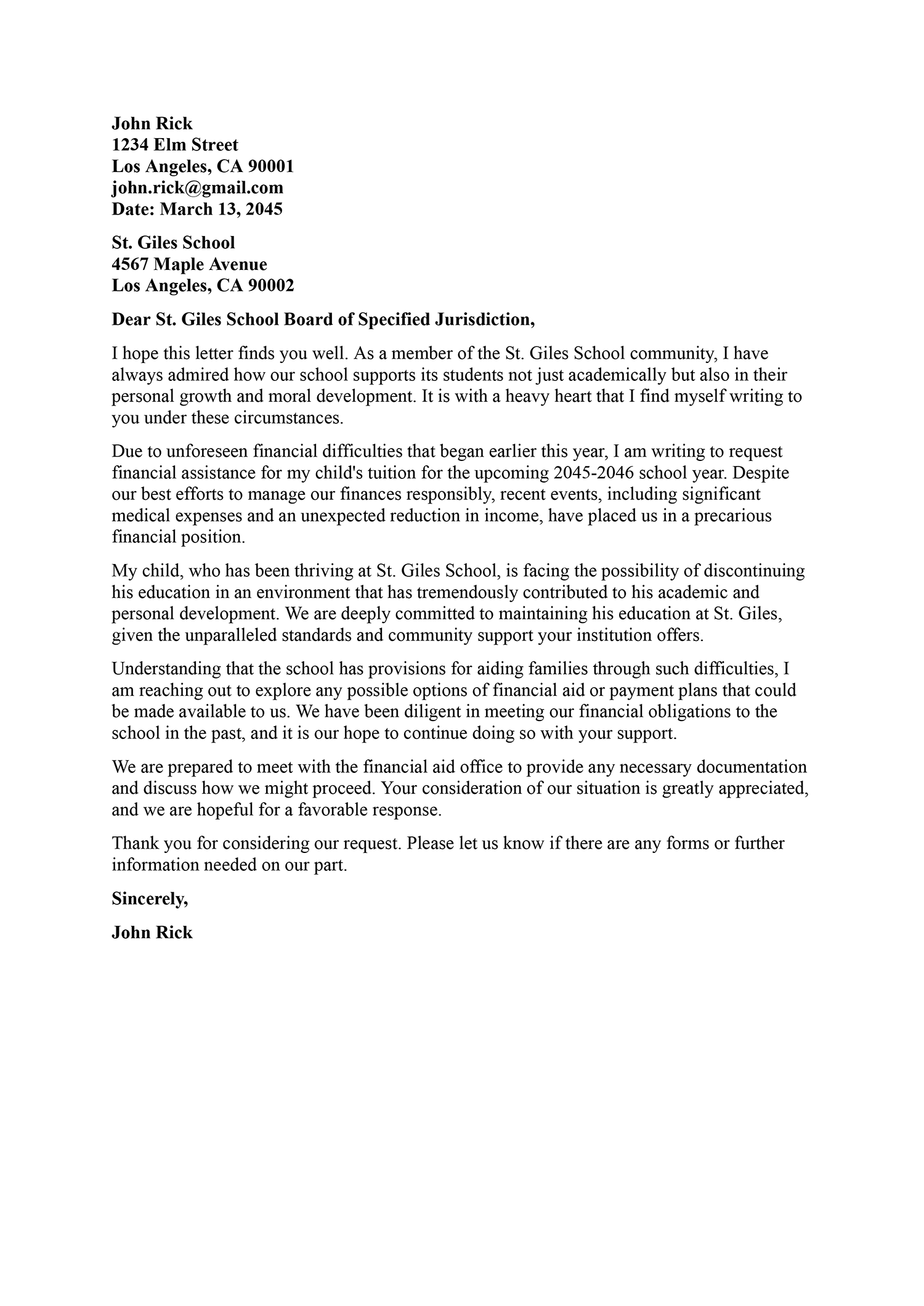 Sample Financial Hardship Letter for School
