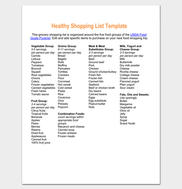 Healthy Grocery Shopping List Template 1