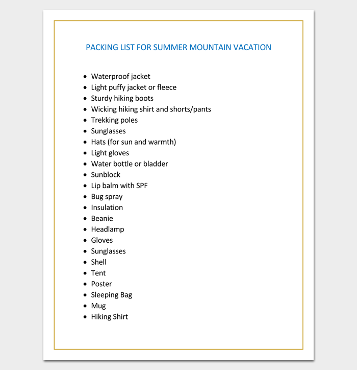 Packing list for summer mountain vacation