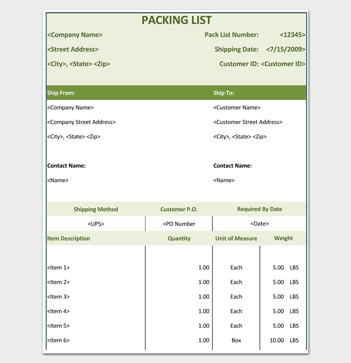 Shipping Packing List