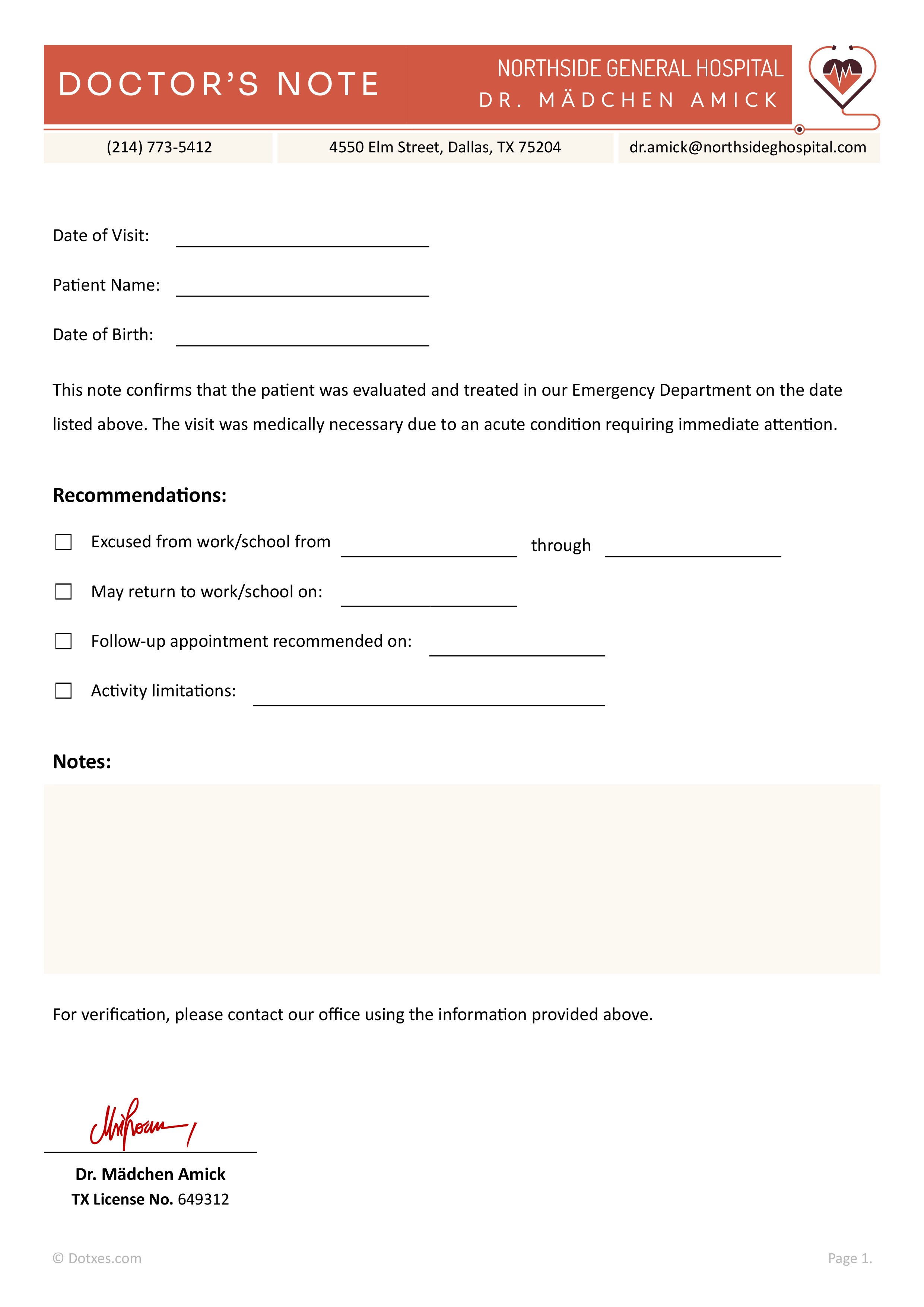 Emergency Room Doctors Note Template - Word, Google Docs