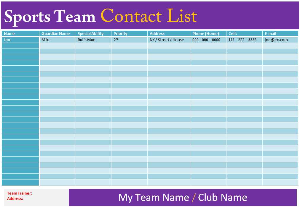 Contact list template (Sports Team)