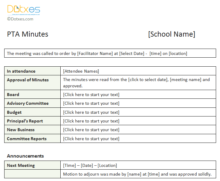PTA meeting minutes template ( in table layout)