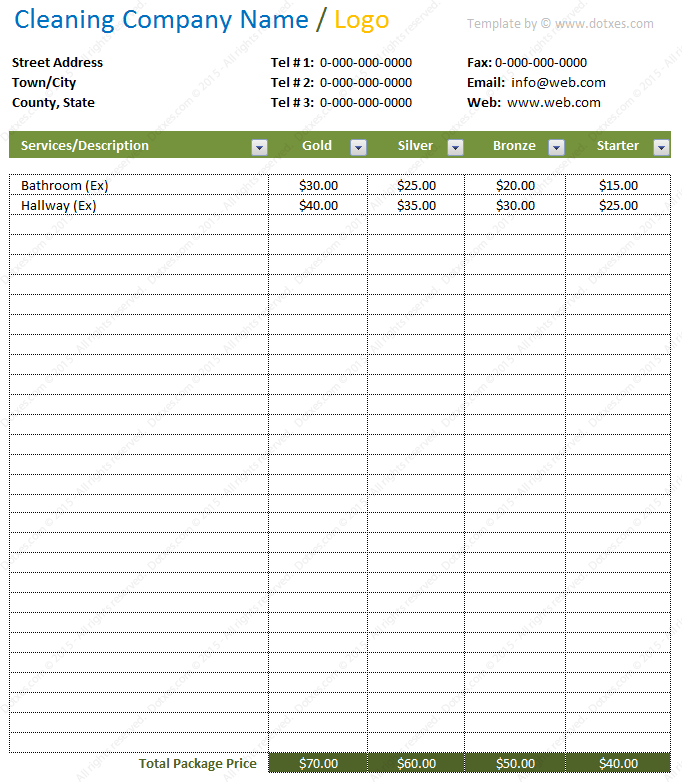 Cleaning Price List Template