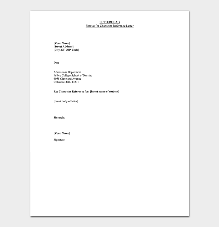 Character Reference Letterhead Format