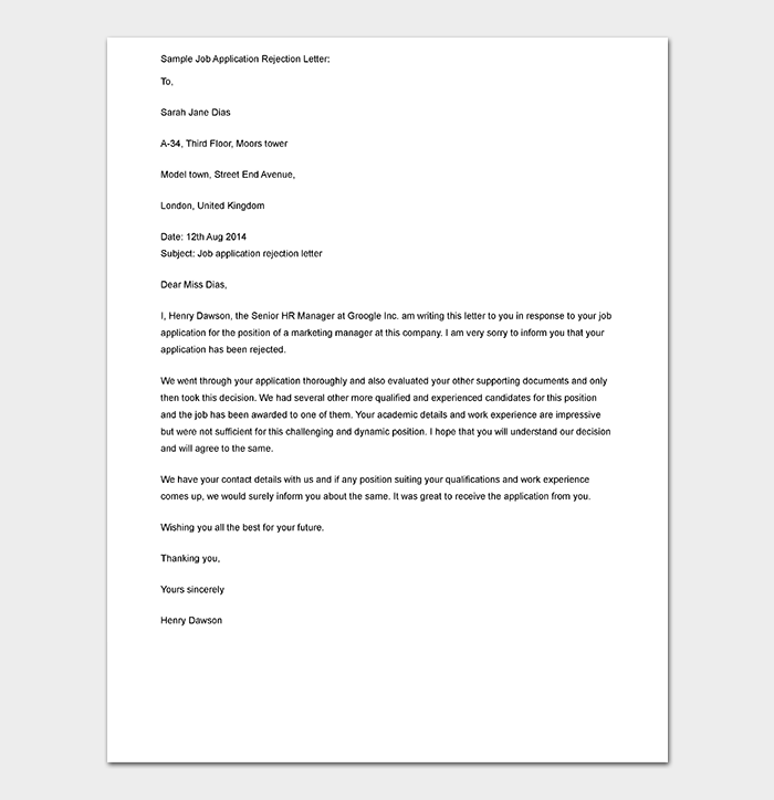 Formal Job Application Rejection Letter