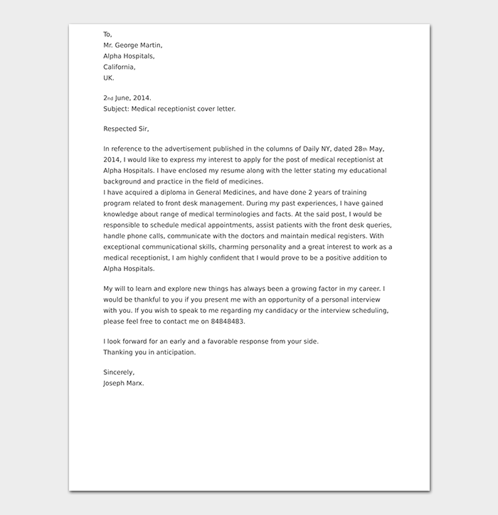 Receptionist Cover Letter